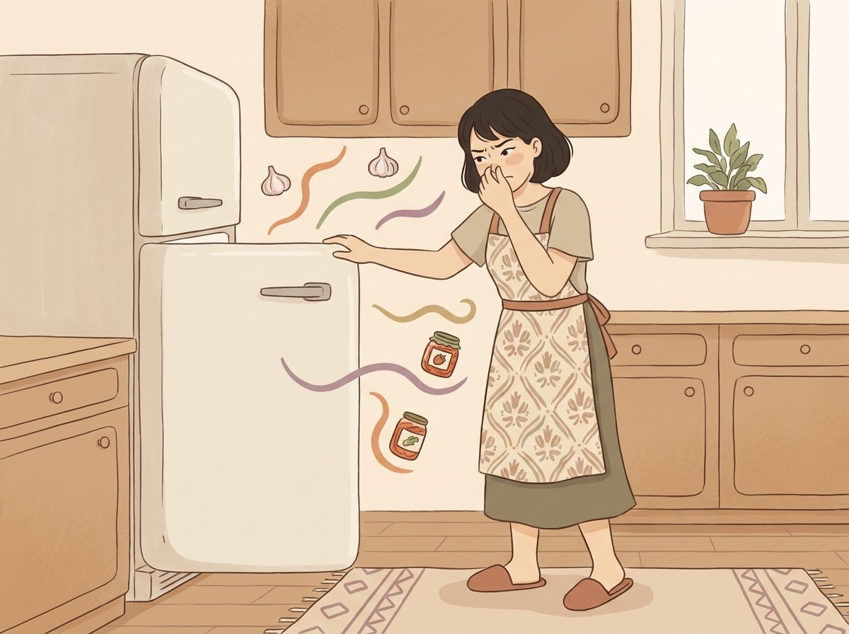 冷蔵庫を開けてニオイ移りに顔をしかめる女性のイラスト