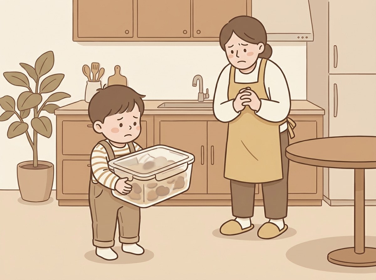 子どもがガラス容器を落としそうで不安な様子のイラスト