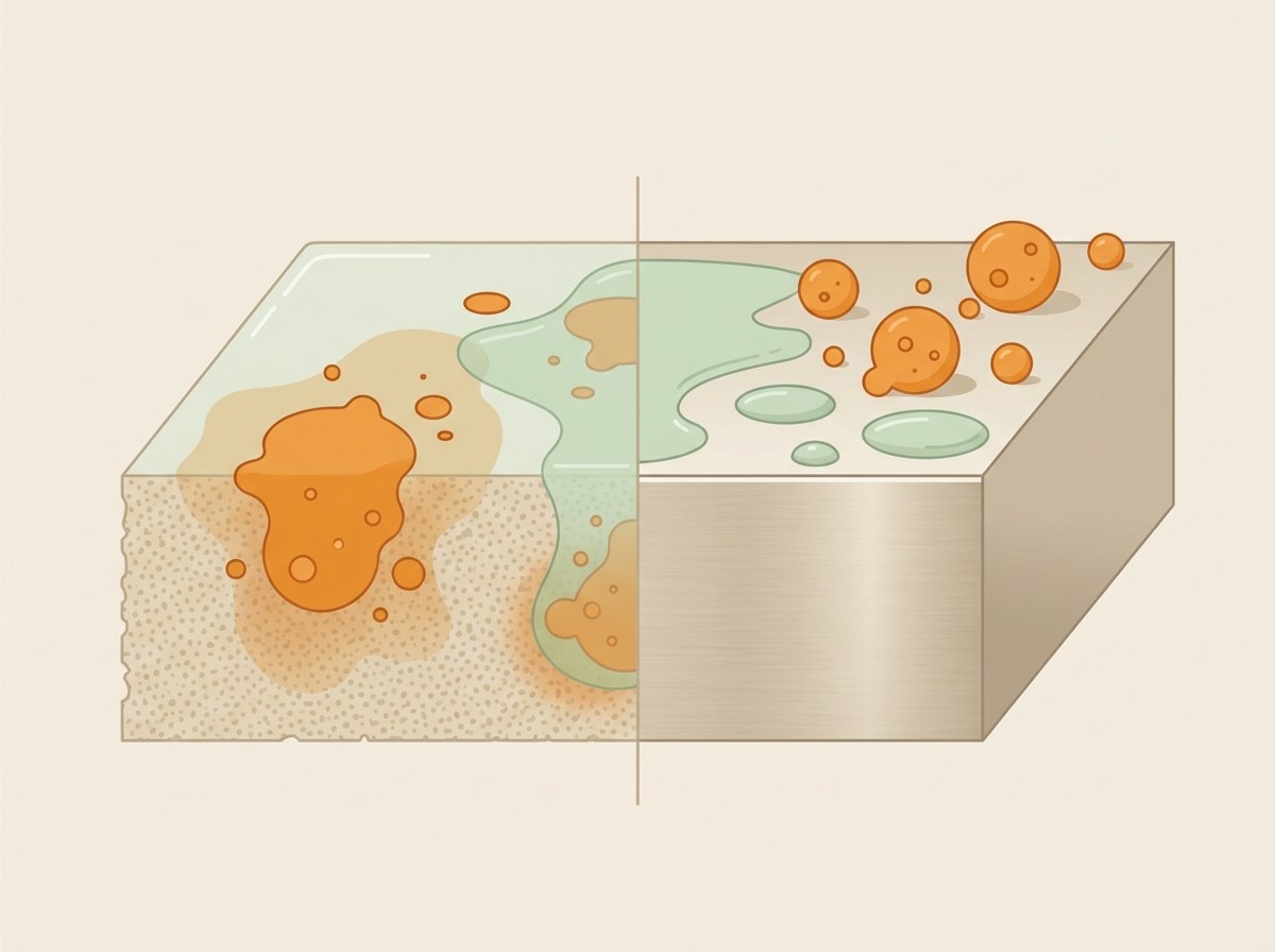 プラスチック断面に色素が染み込む図 vs 304ステンレス表面を弾く図